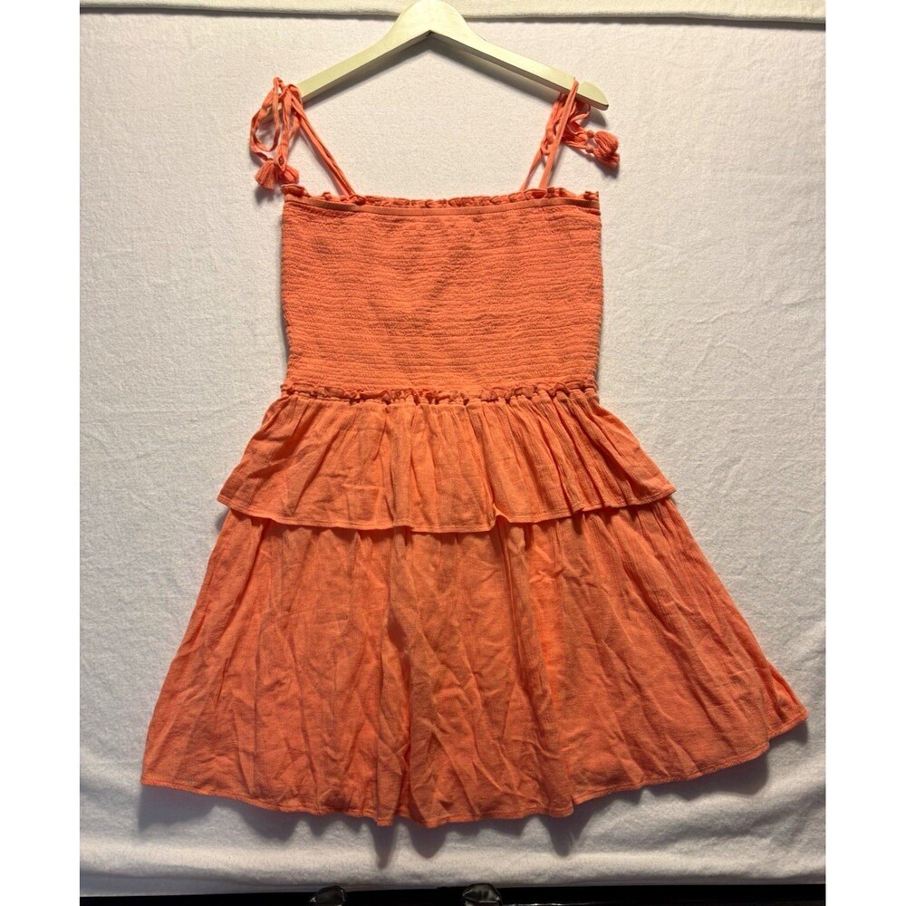 Aerie Coral Orange Smocked Tiered Mini Dress Large Tie Strap Tassel Boho Large